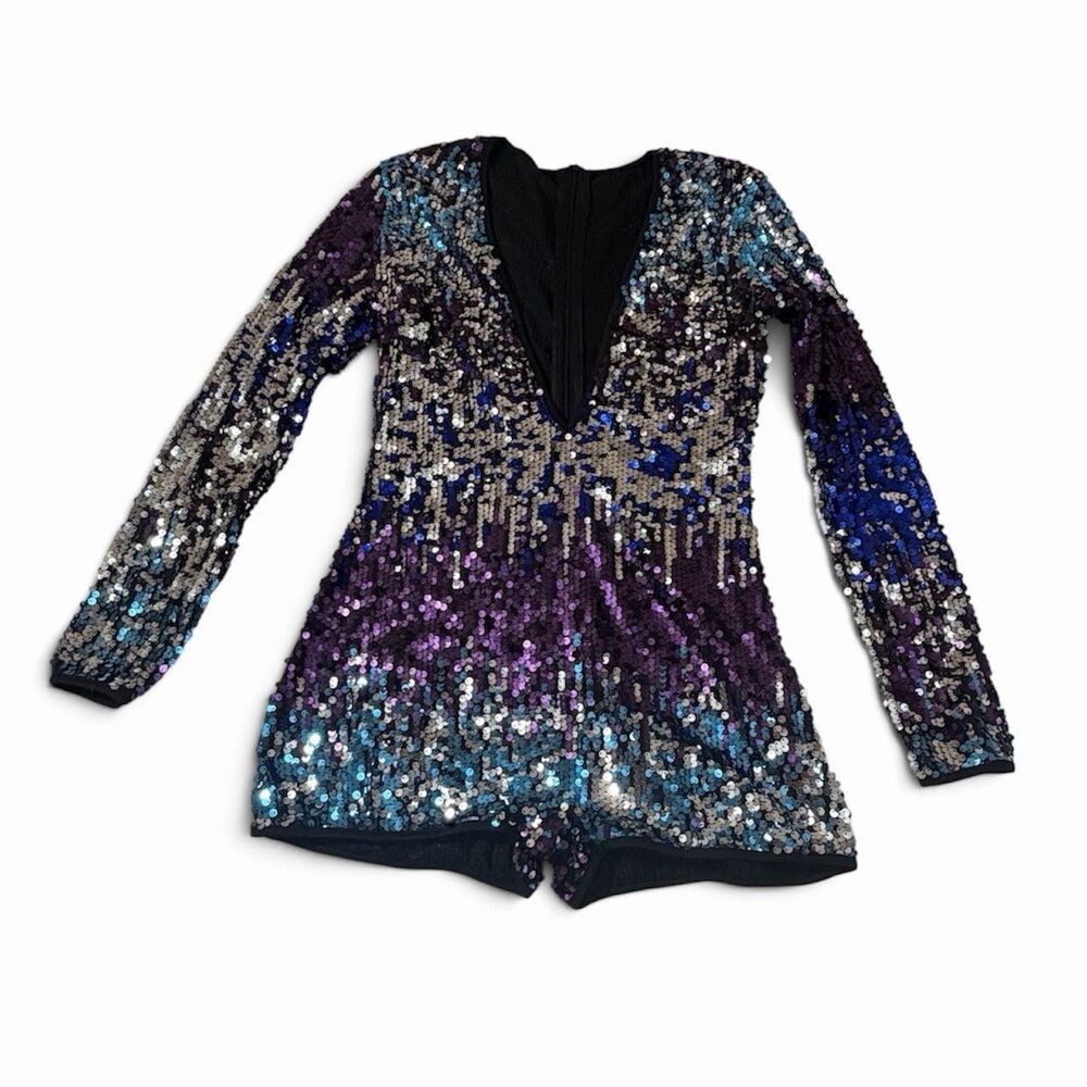 Sequin Romper Women’s Medium Long Sleeve Deep V Neck New Years Party Cocktail